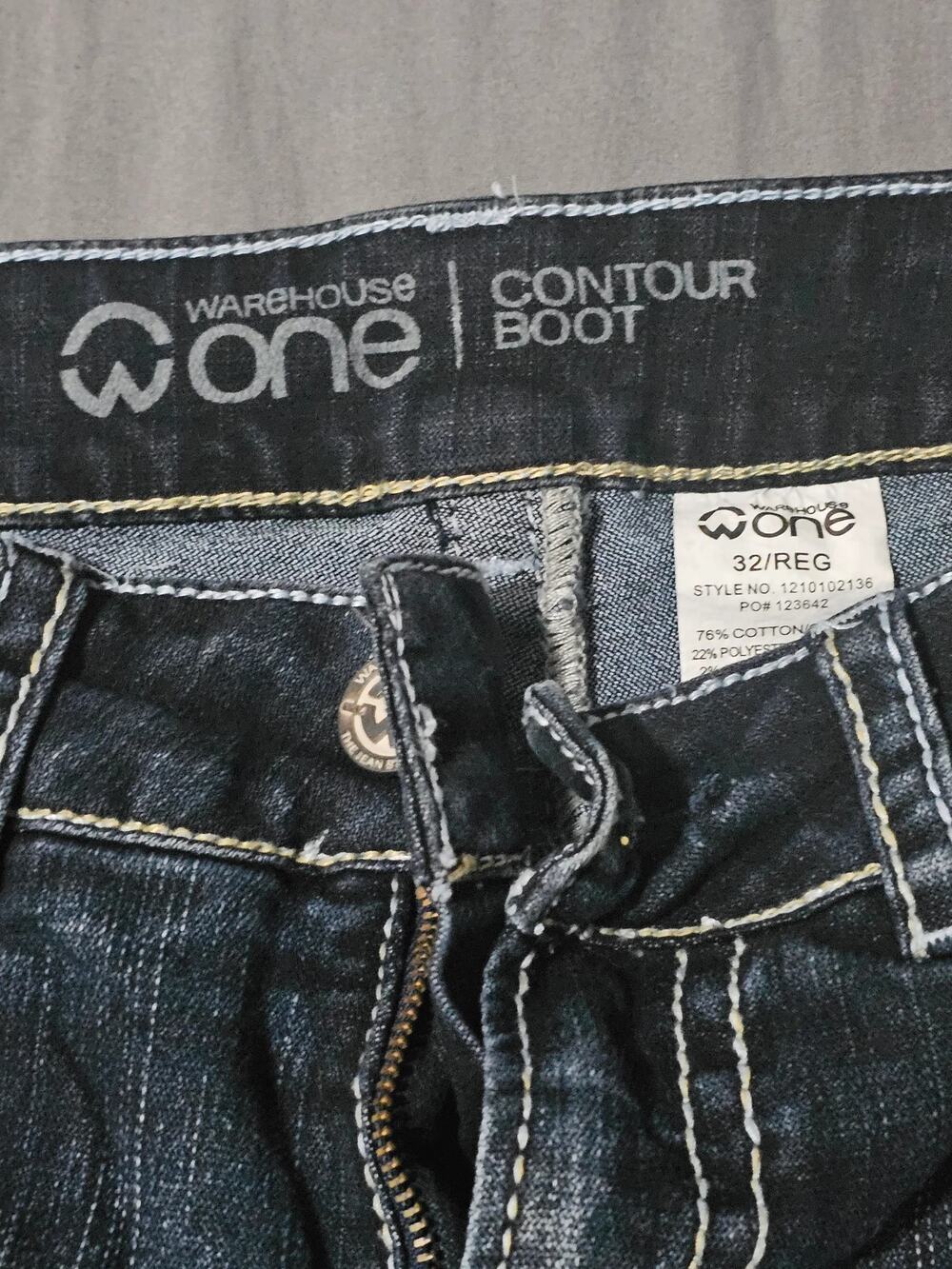 Warehouse One dark wash contour bootcut jeans contrast stitching zip fly five po